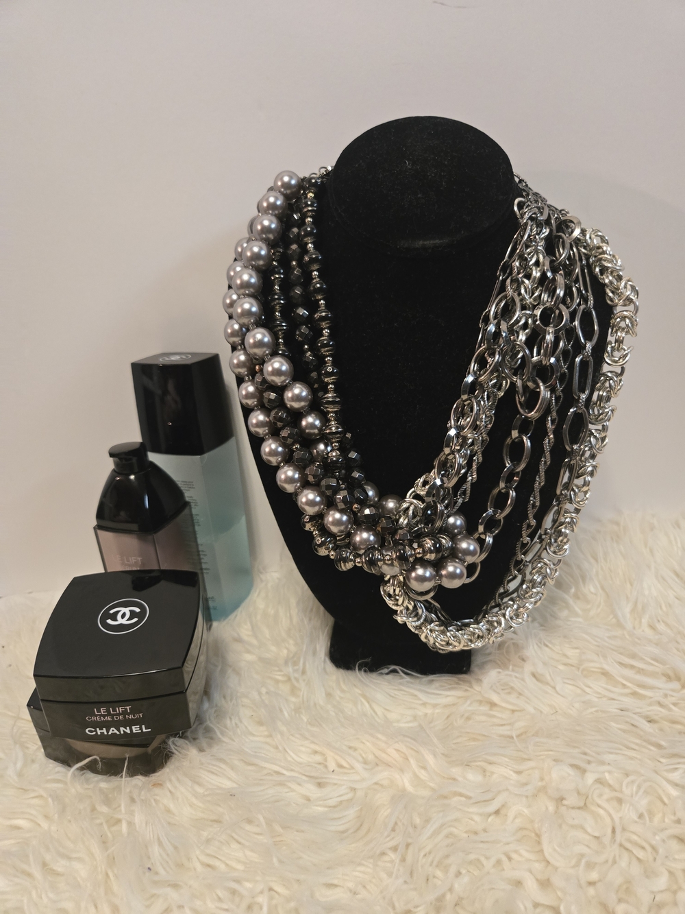 Vintage Silver Multi-Chain Pearl & Link Necklace